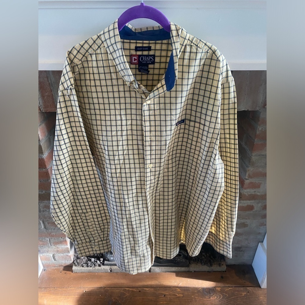 Mens Chaps Windowpane Button Down Yellow Casual Dress Shirt Size XL Long Sleeve​